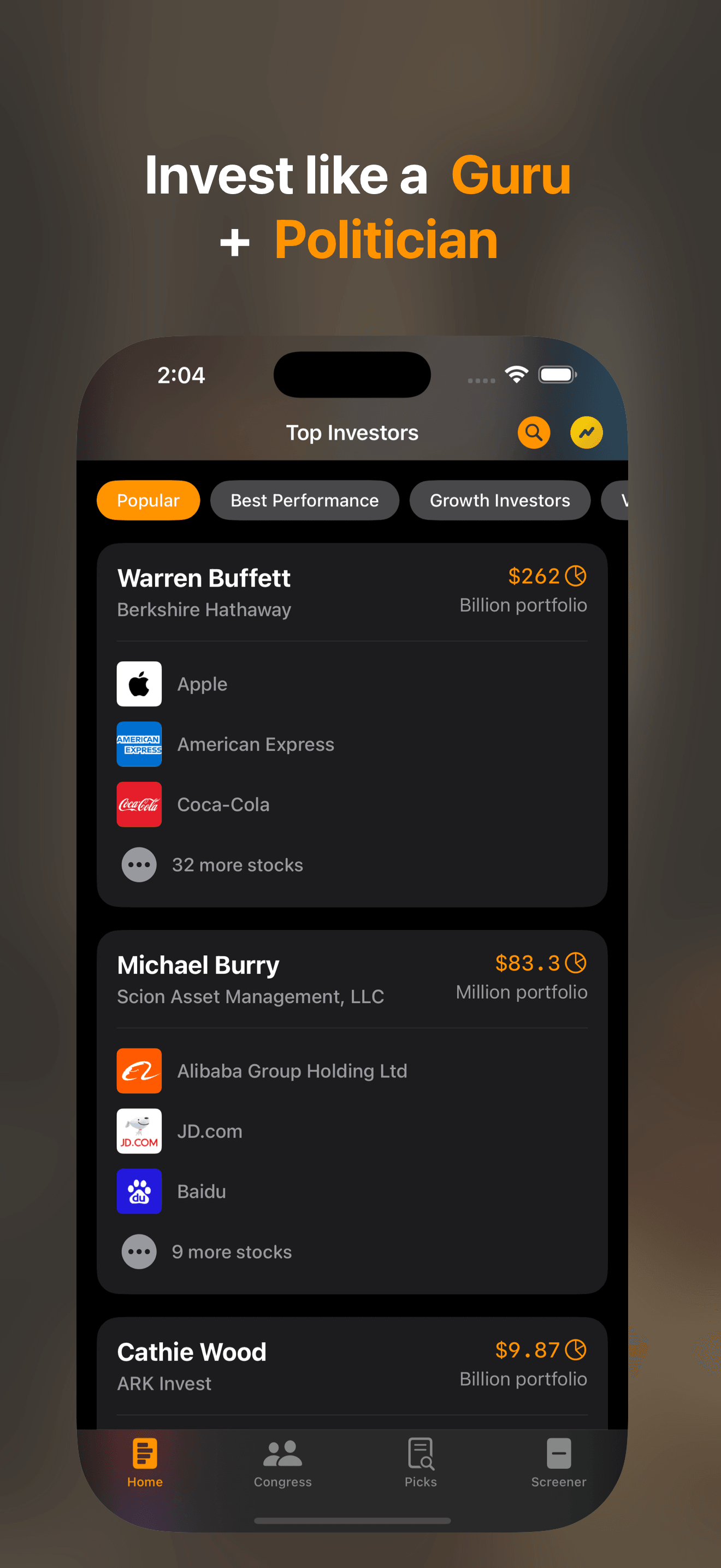 StockInsider App Sora feature screenshot - Track top investors and congress trades