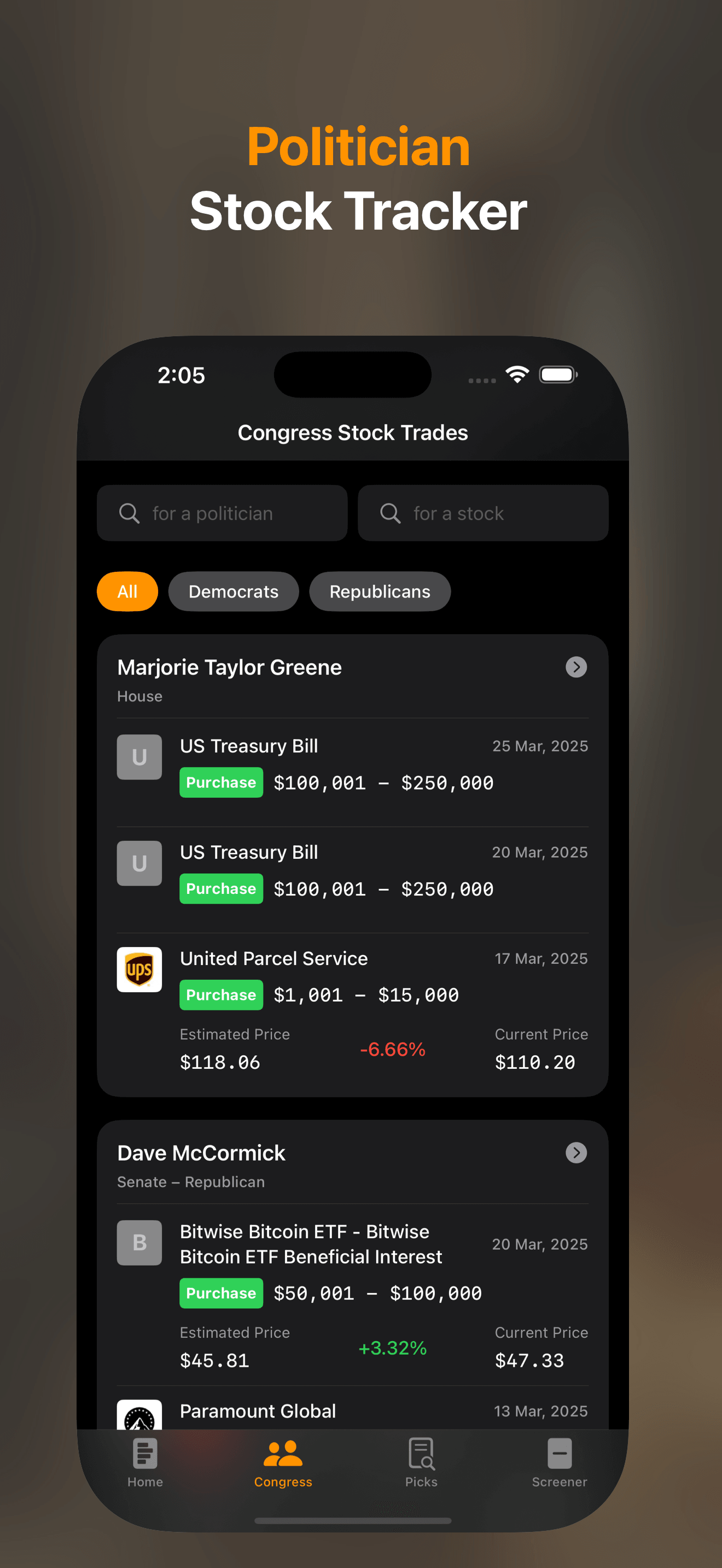 StockInsider App ChatGPT feature screenshot - Track top investors and congress trades